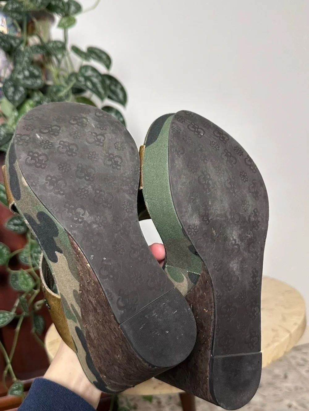Vintage early 2000s studded detail wedge platform camo heels